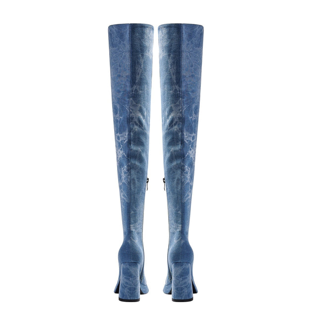 Relaxed Fit Round Toe Denim Knee High Boots-4