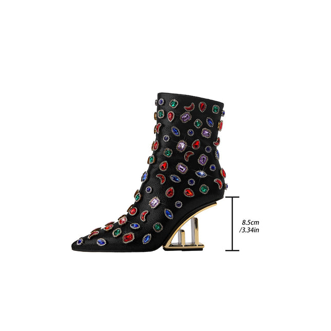 Retro Gem Encrusted Stonehenge Heel Black Ankle Boots-4