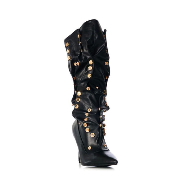 Rivet Encrusted Black Slouchy Stiletto Knee High Boots-1