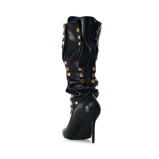 Rivet Encrusted Black Slouchy Stiletto Knee High Boots-2