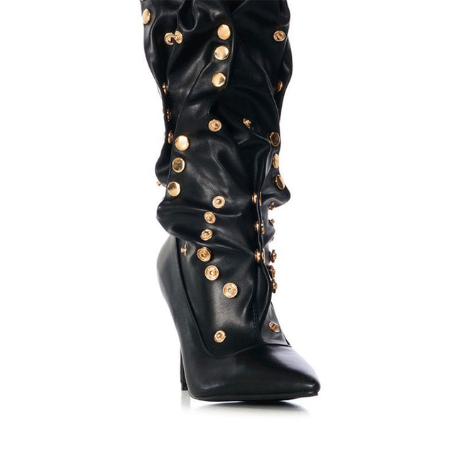 Rivet Encrusted Black Slouchy Stiletto Knee High Boots-3