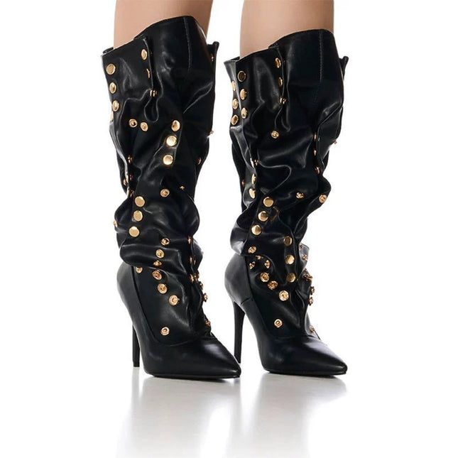 Rivet Encrusted Black Slouchy Stiletto Knee High Boots-4