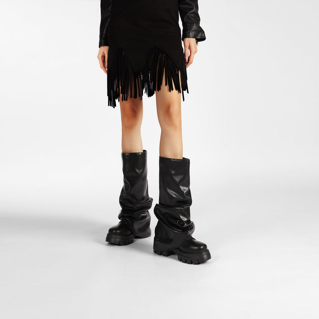 Ruched Leather Round Toe Boots-0