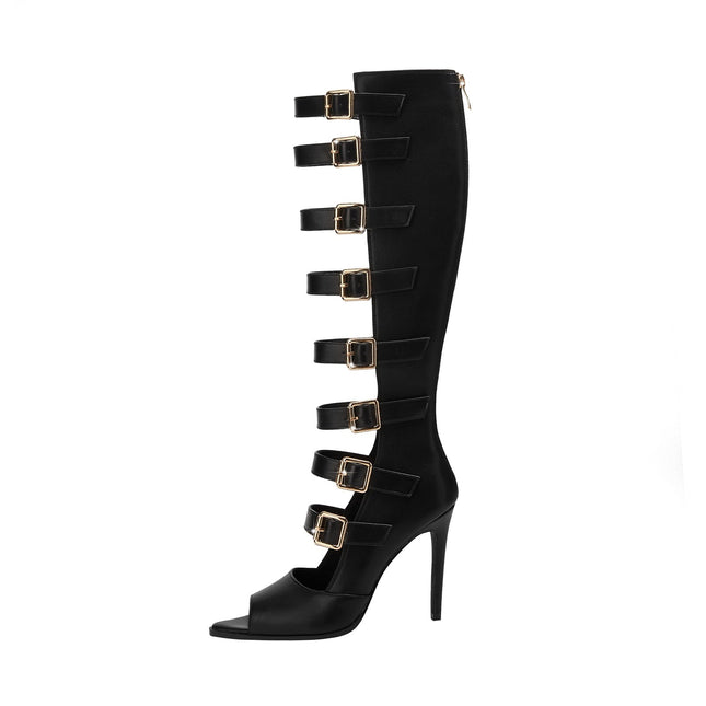 Seductive Open Toe Sandals with Knee High Gladiator Buckle Straps-2