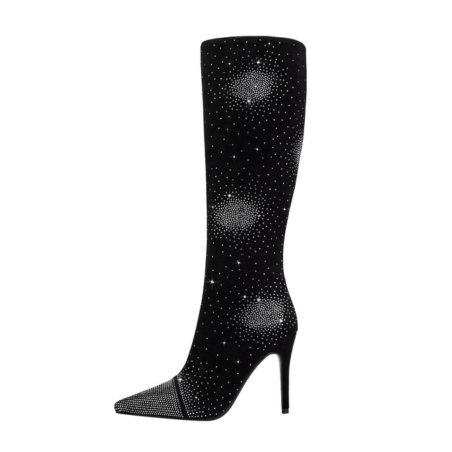 Silver Crystal Burst Black Pointed Knee High Boots-0
