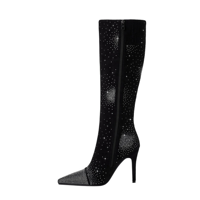 Silver Crystal Burst Black Pointed Knee High Boots-2