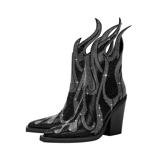 SIlver Embellished Flame Black Ankle Boots-4