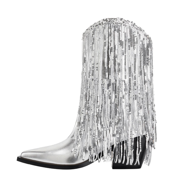 Silver Fringe Cowboy Ankle Boots-0