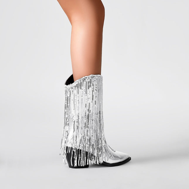Silver Fringe Cowboy Ankle Boots-1