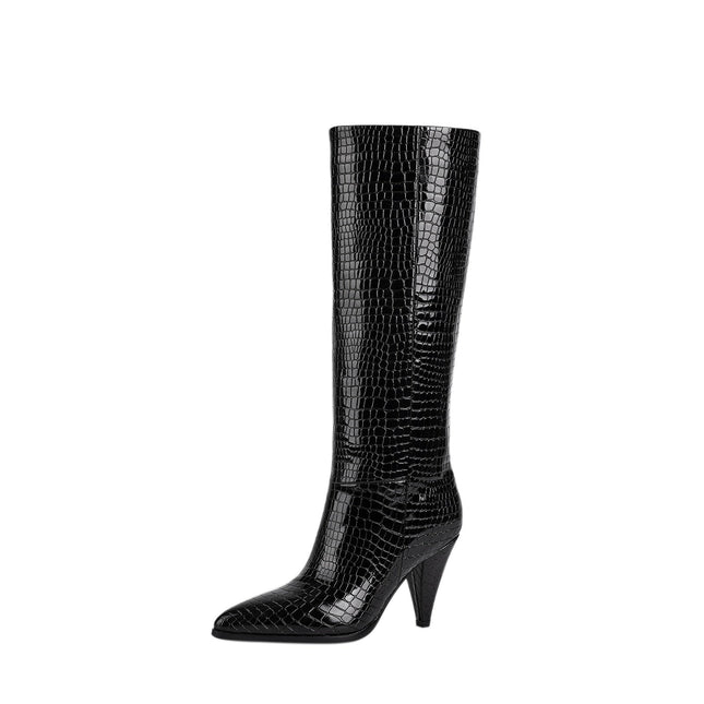 Sleek Textured Black Knee High Boots-2