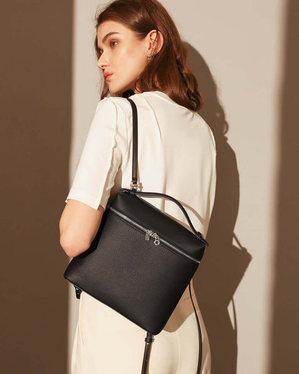 Solid Leather Backpack with Double Zippers-1