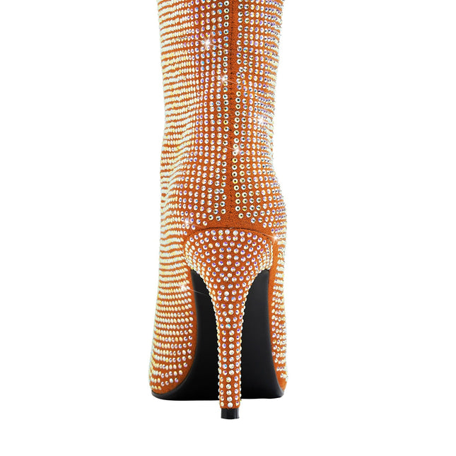 Sparkly Crystal Embellished Pointed Toe Knee High Boots-3
