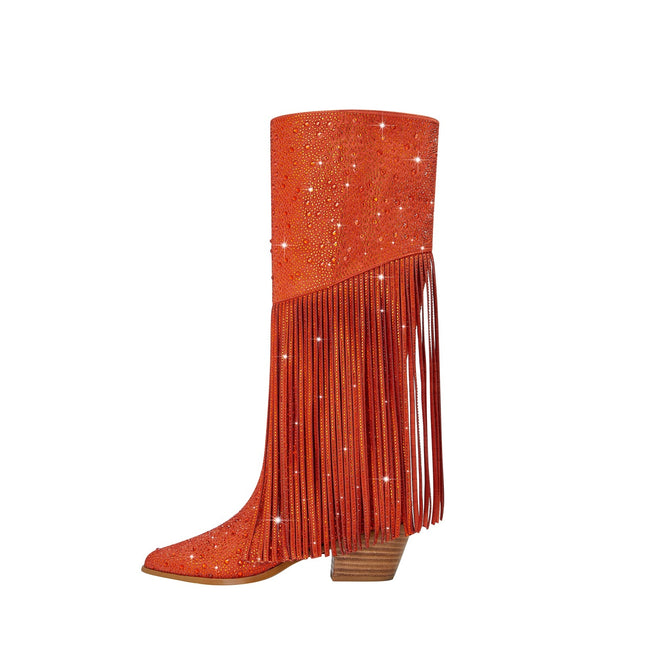 Sparkly Fringe Knee High Boots-5