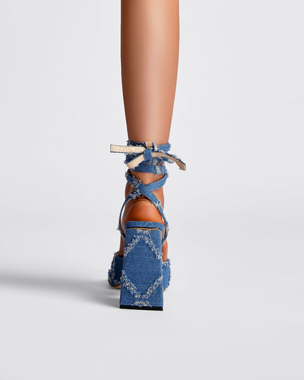 Square Toe Diamond Pattern Denim Ankle Strap Sandals-2
