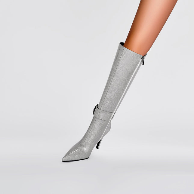 Stylish Silver Side Buckle Knee High Boots-2