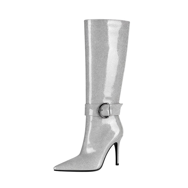 Stylish Silver Side Buckle Knee High Boots-3