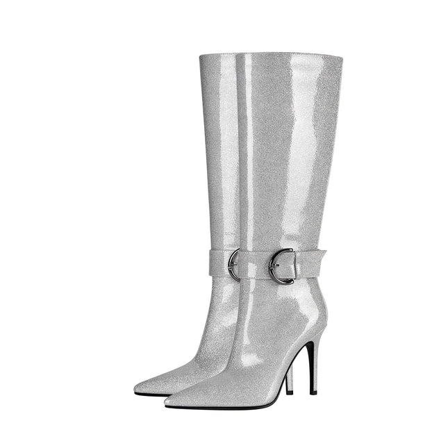 Stylish Silver Side Buckle Knee High Boots-4