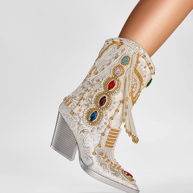 Venetian Gem and Pearl Encrusted White Cowgirl Boots-1