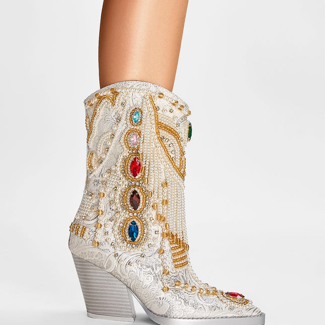 Venetian Gem and Pearl Encrusted White Cowgirl Boots-2