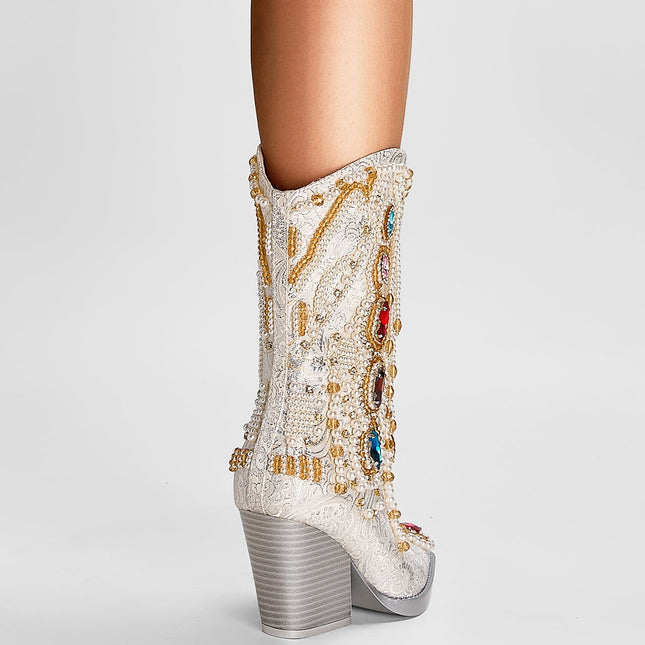 Venetian Gem and Pearl Encrusted White Cowgirl Boots-3