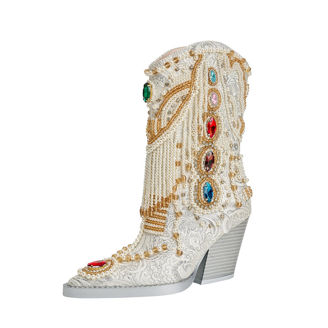 Venetian Gem and Pearl Encrusted White Cowgirl Boots-4