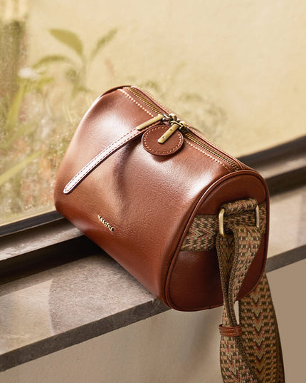 Vintage Wide Strap Brown Boston Bag-2