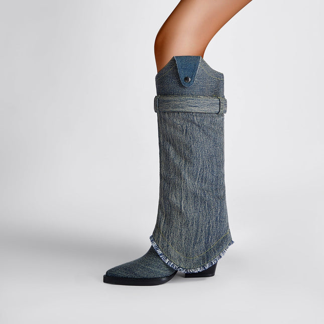 Washed Out Denim High Boots with Detachable Sleeves-1