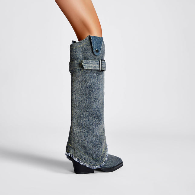 Washed Out Denim High Boots with Detachable Sleeves-2