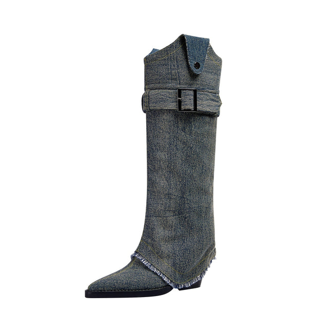 Washed Out Denim High Boots with Detachable Sleeves-3