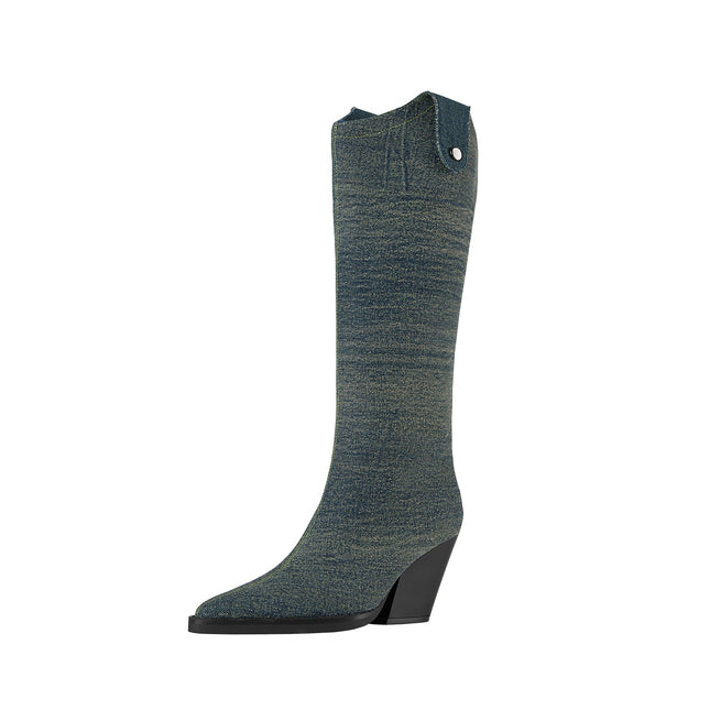 Washed Out Denim High Boots with Detachable Sleeves-4