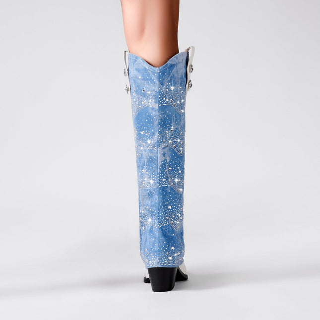 White and Denim Foldover Knee High Boots-1