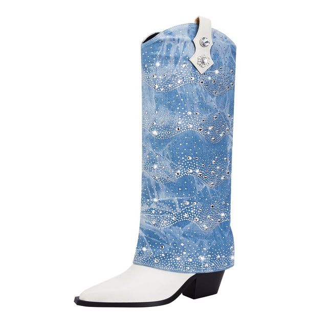 White and Denim Foldover Knee High Boots-2