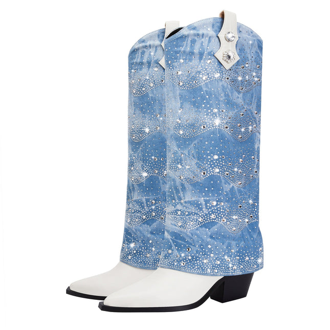 White and Denim Foldover Knee High Boots-3