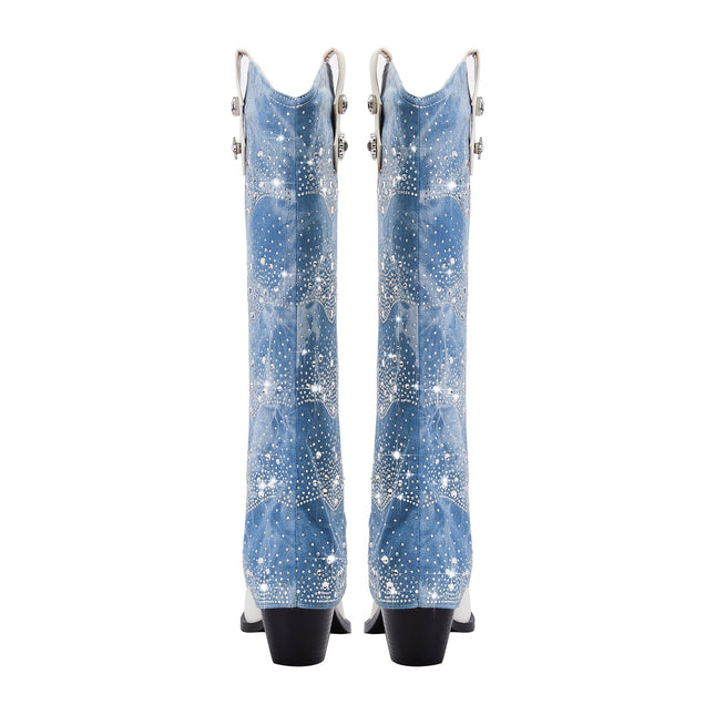 White and Denim Foldover Knee High Boots-4