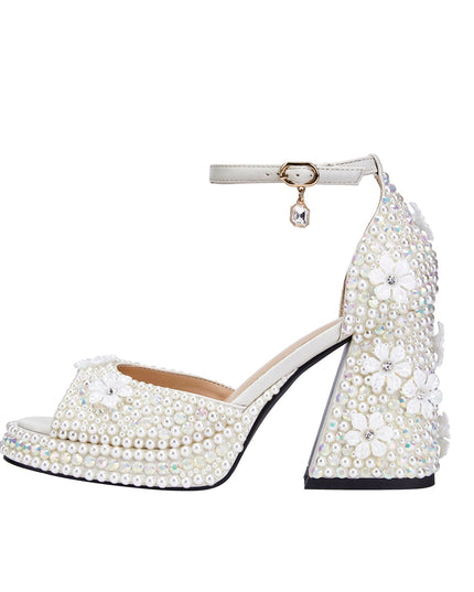 White Pearl Encrusted Flower Chunky Sandals-0
