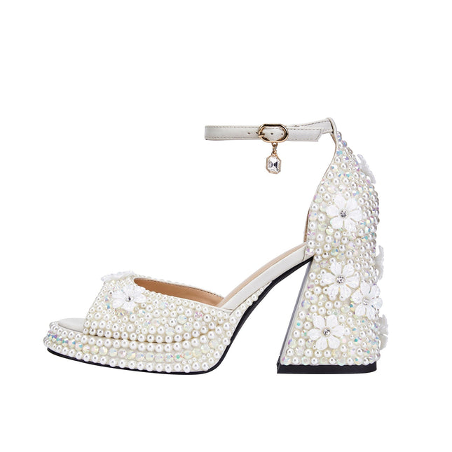 White Pearl Encrusted Flower Chunky Sandals-0