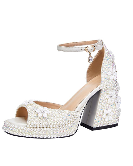 White Pearl Encrusted Flower Chunky Sandals-1