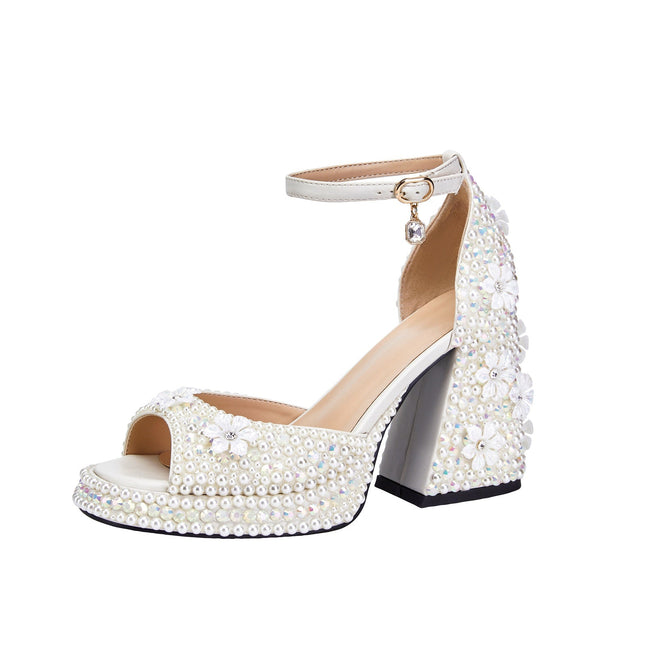 White Pearl Encrusted Flower Chunky Sandals-1