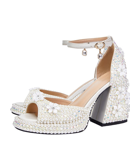 White Pearl Encrusted Flower Chunky Sandals-2
