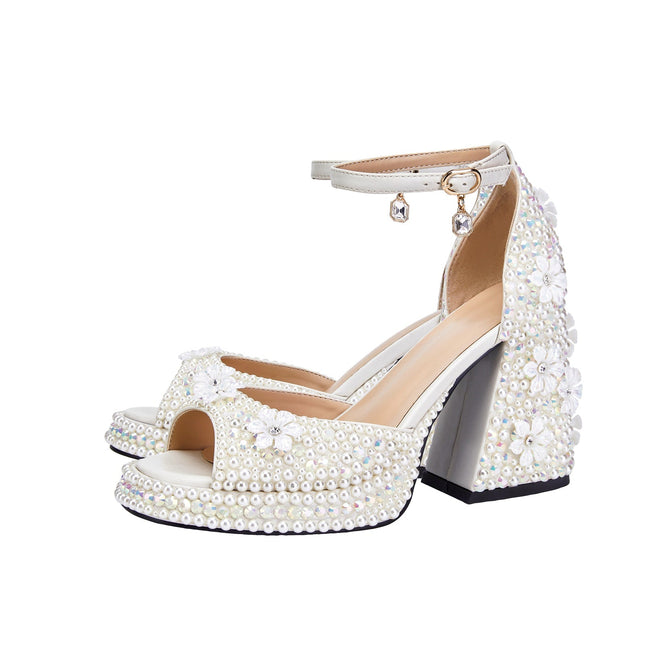 White Pearl Encrusted Flower Chunky Sandals-2