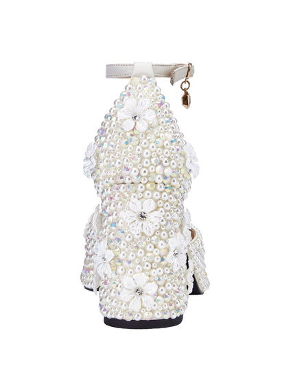 White Pearl Encrusted Flower Chunky Sandals-3