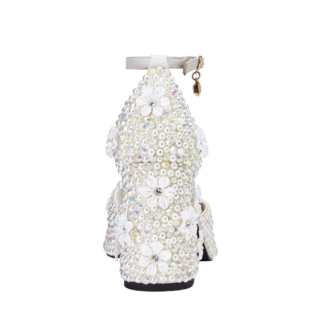 White Pearl Encrusted Flower Chunky Sandals-3