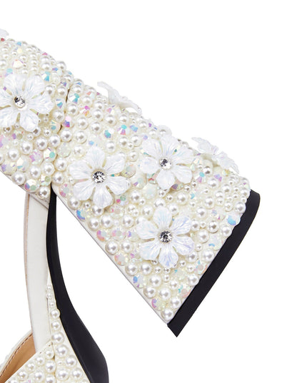 White Pearl Encrusted Flower Chunky Sandals-4