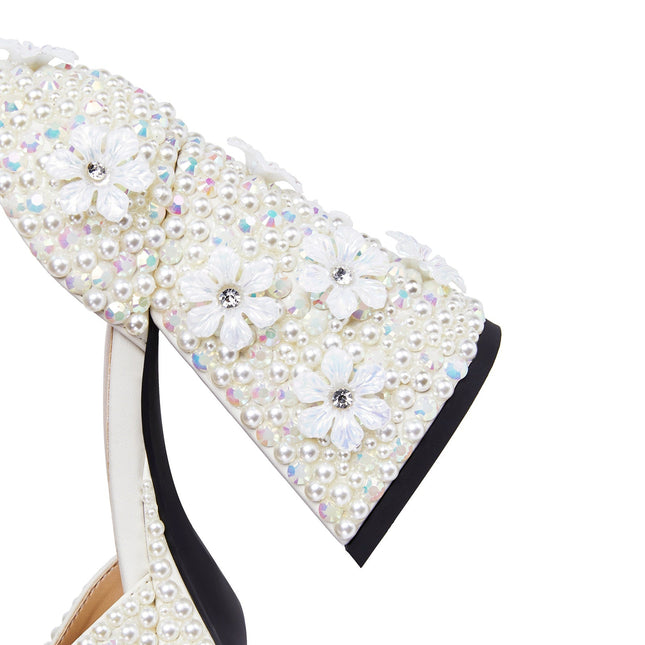 White Pearl Encrusted Flower Chunky Sandals-4
